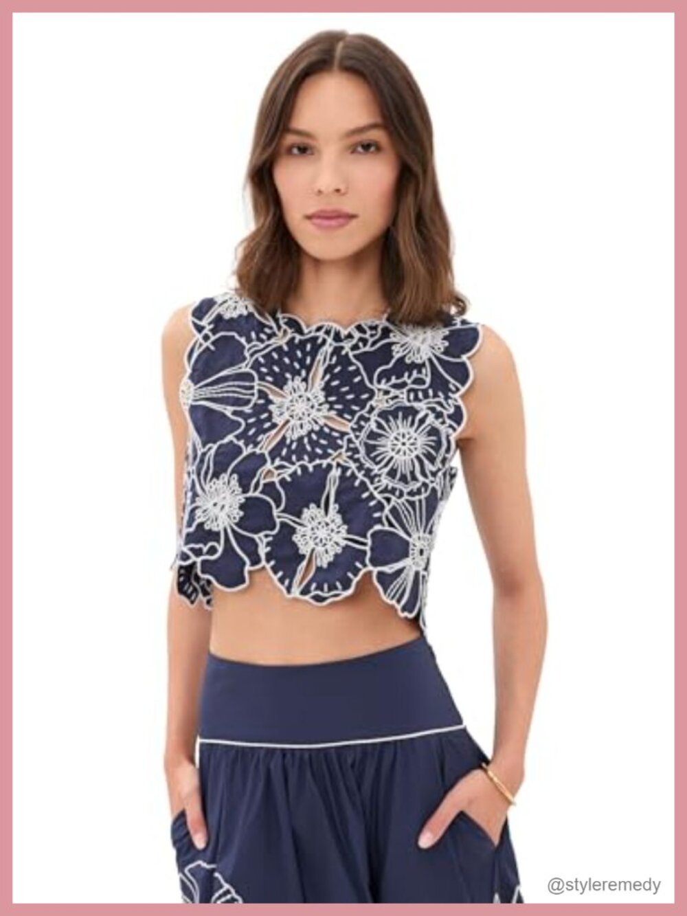 FARM Rio Blue Richelieu Top Loose Fit Floral Embroidered Open Back Sleeveless